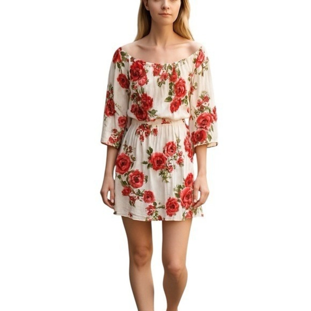 BLUSH Off Shoulder Floral Mini Dress Red Roses Smocked Waist Bohemian Size S - Picture 2 of 4
